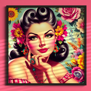 Affiche Joli portrait pin-up floral rétro