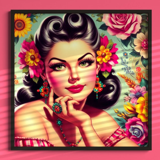 Affiche Joli portrait pin-up floral rétro (Créateur téléchargé)
