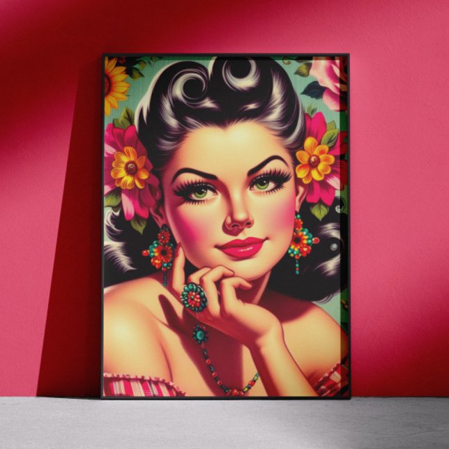 Affiche Joli portrait rétro floral pin-up (Créateur téléchargé)