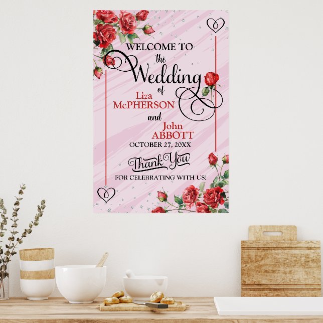 Affiche Joli Red Roses Mariage Bienvenue (Cuisine)