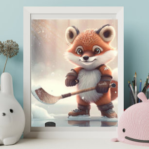 Affiche Joli Renard Orange jouant au hockey sur glace Art