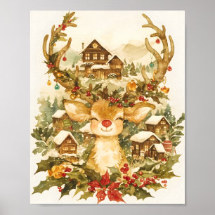 Affiche Joli Renne de Noël à l'aquarelle vintage