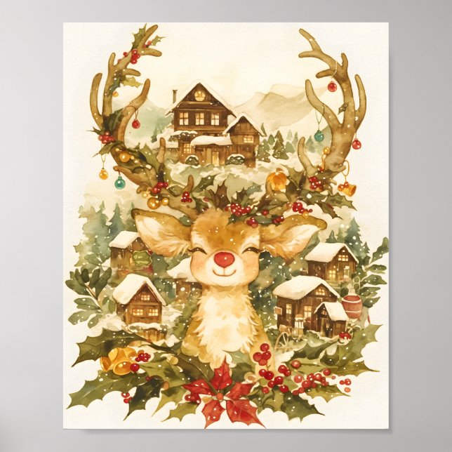 Affiche Joli Renne de Noël à l'aquarelle vintage  (Devant)