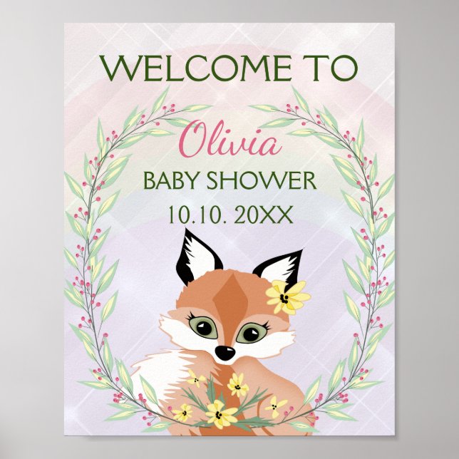 Affiche Joli rouge Fox fille baby shower accueil (Devant)