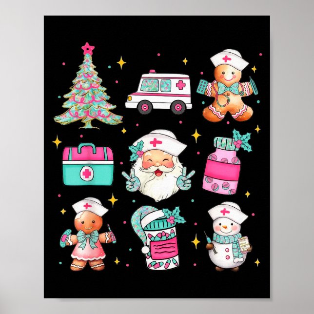 Affiche Joli sapin de Noël d'infirmière Santa thème médica (Devant)
