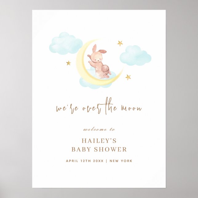 Affiche Joli Sur Le Baby shower Lapin Lune Bienvenue (Devant)