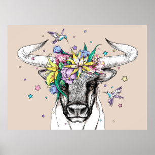 Affiche Joli taureau de dessin animé dans une couronne fle