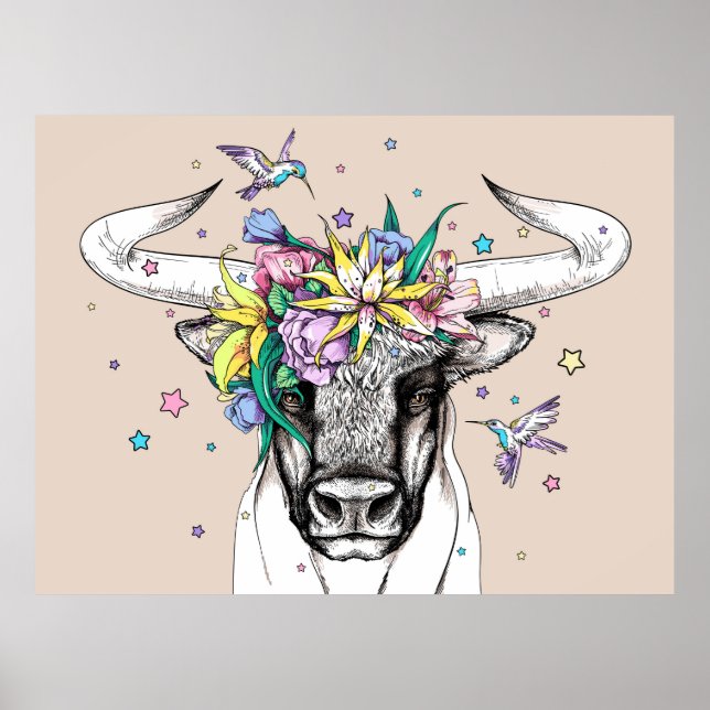 Affiche Joli taureau de dessin animé dans une couronne fle (Devant)