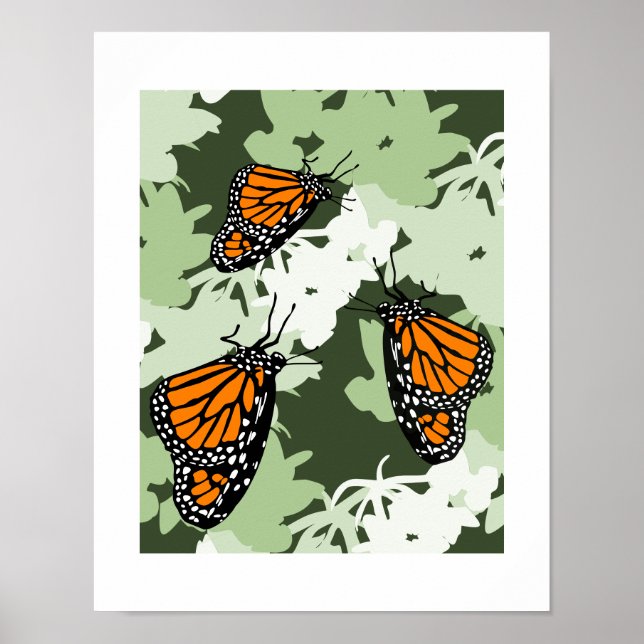 Affiche Joli trio de papillons monarques sur une plante de (Devant)