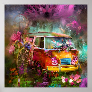 Affiche Joli vieux très rouillé Combi van fleurs hippy tem