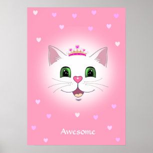 Affiche Joli visage de chat royal avec des cœurs sur fond 