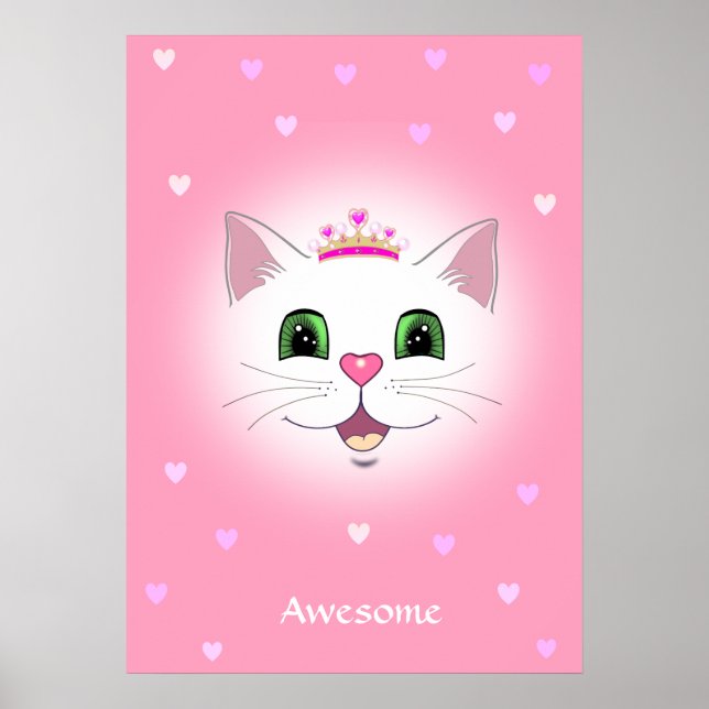 Affiche Joli visage de chat royal avec des coeurs sur fond (Devant)