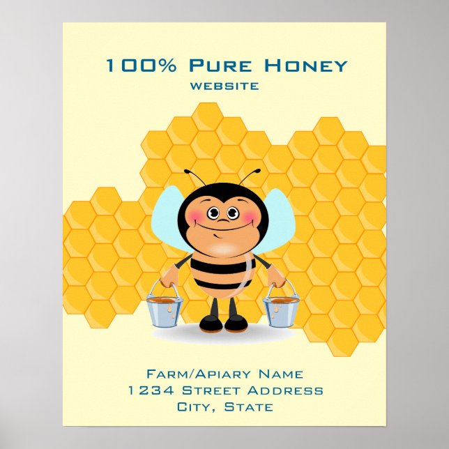 Affiche Jolie abeille caricaturale portant des seaux de co (Devant)