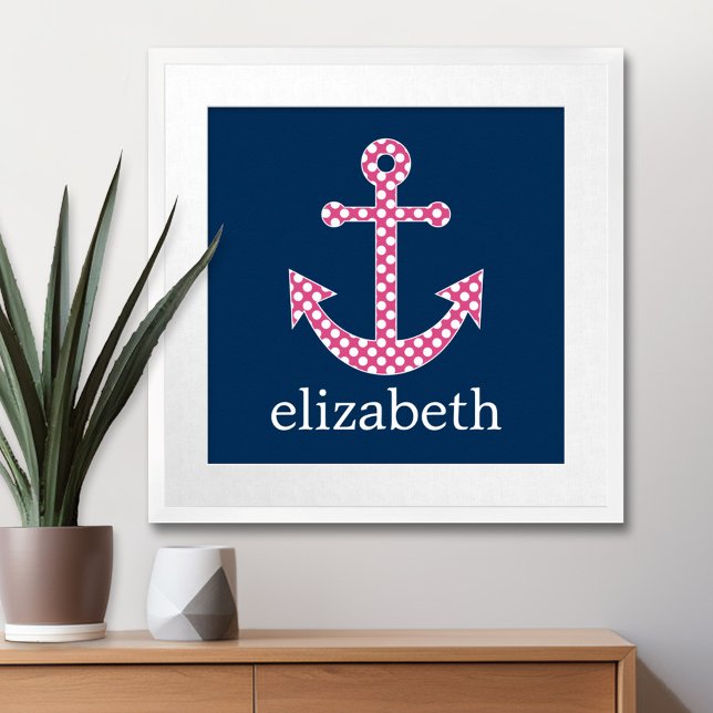 Affiche Jolie Ancre à Points Roses avec Nom Personnalisé N (Nautical Anchor Poster with Custom Name)