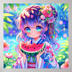 Affiche Jolie Anime Girl Manger Watermelon
