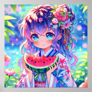 Affiche Jolie Anime Girl Manger Watermelon