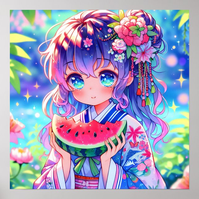 Affiche Jolie Anime Girl Manger Watermelon (Devant)