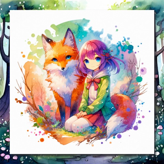 Affiche Jolie aquarelle Anime Girl et Fox (Créateur téléchargé)