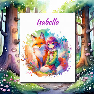 Affiche Jolie aquarelle Anime Girl et Fox