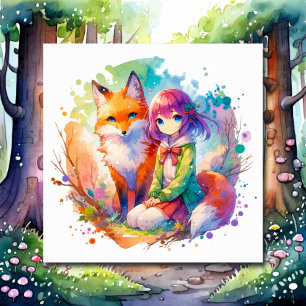 Affiche Jolie aquarelle Anime Girl et Fox