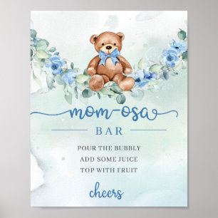Affiche Jolie aquarelle bébé ours bleu fleurs maman-osa ba