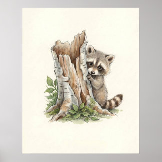 Affiche Jolie aquarelle de raton laveur qui regarde discrè