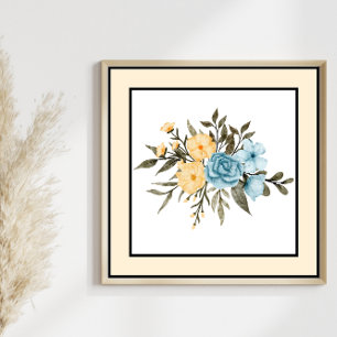 Affiche Jolie aquarelle Fleurs Ligne noire Bordure jaune