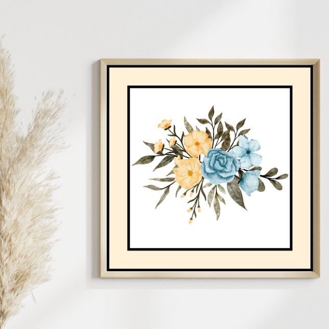 Affiche Jolie aquarelle Fleurs Ligne noire Bordure jaune (Créateur téléchargé)