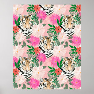 Affiche Jolie aquarelle florale et tigre animal rose