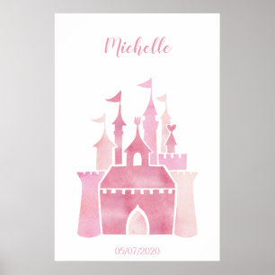 Affiche Jolie aquarelle rose girly château conte de fées