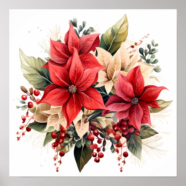 Affiche Jolie Aquarelle Rouge Fleurs de Noël Poinsettia (Devant)