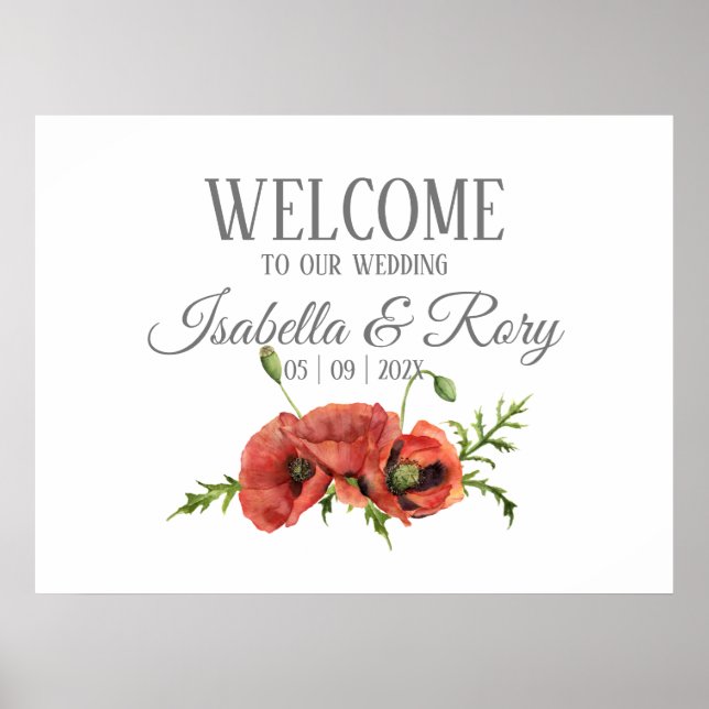 Affiche Jolie aquarelle Rouge Poppies Mariages Bienvenue (Devant)