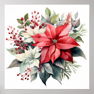 Affiche Jolie Aquarelle Rouge Xmas Poinsettia Fleurs