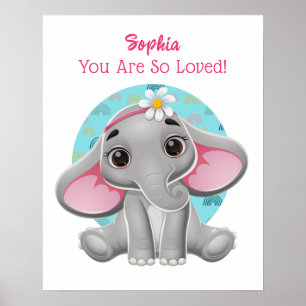 Affiche Jolie art de bébé éléphant, nom de l'enfant et mes