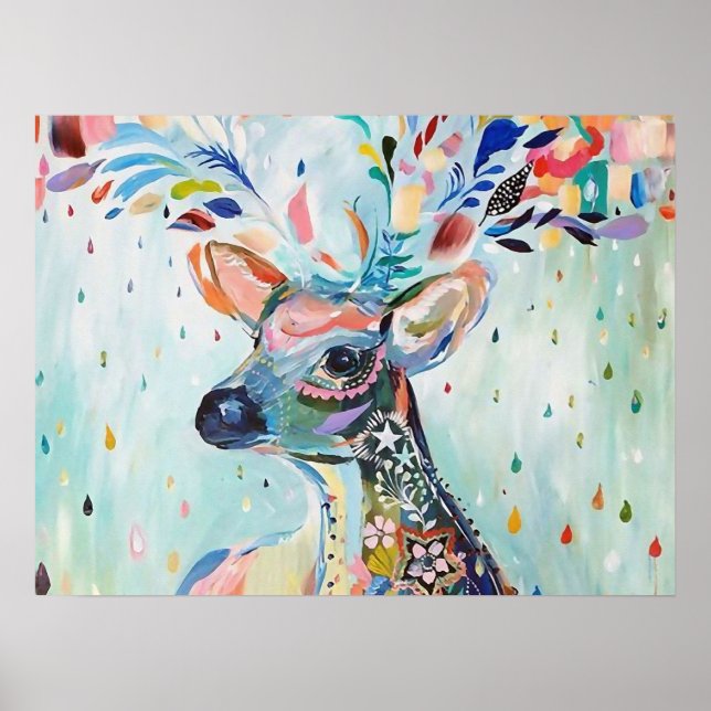 Affiche Jolie Art de Cerf Moderne Fleur Bois (Devant)