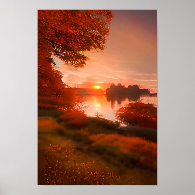 Affiche Jolie automne Paysage lac coucher de soleil nature (Devant)