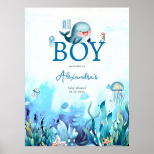 Affiche Jolie baleine sous Baby shower Sea Boy Bienvenue