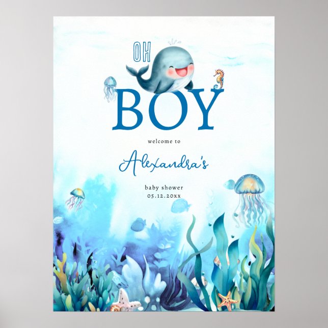 Affiche Jolie baleine sous Baby shower Sea Boy Bienvenue (Devant)