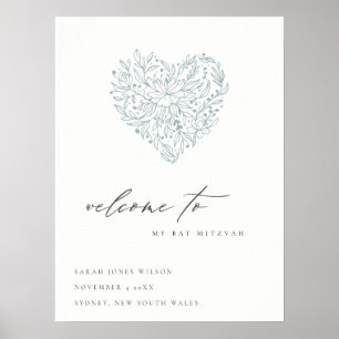 Affiche Jolie Bienvenue Bat Mitzvah Cœur Floral Bleu Assom