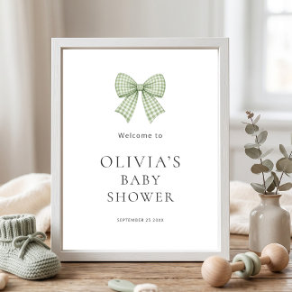 Affiche Jolie Bienvenue Bébé Fête avec Ruban Gingham Sauge