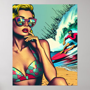 Affiche Jolie Blonde Rétro Femme et Surfer Guy