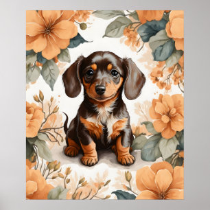 Affiche Jolie Brown dachshund Puppy Peach Floral