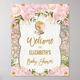 Affiche Jolie carte de voyage Baby shower rose Fleur Bienv