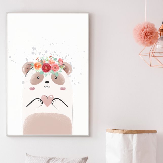 Affiche Jolie chambre enfant panda rose coeur aquarelle fl (Créateur téléchargé)