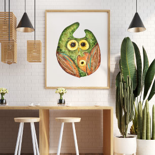 Affiche Jolie chouette aquarelle vert orange