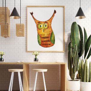 Affiche Jolie chouette aquarelle vert orange