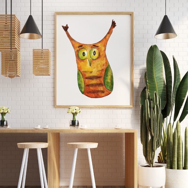Affiche Jolie chouette aquarelle vert orange (Créateur téléchargé)