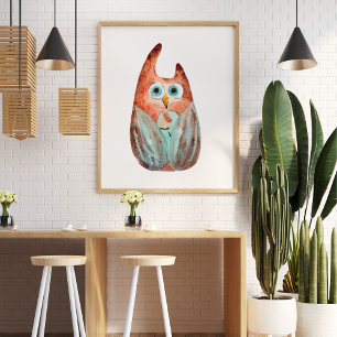 Affiche Jolie chouette aquarelle vert orange