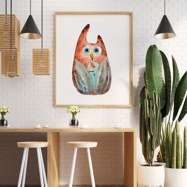 Affiche Jolie chouette aquarelle vert orange (Créateur téléchargé)