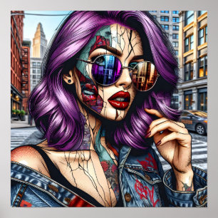 Affiche Jolie Dame Abstraite colorée aux cheveux violets